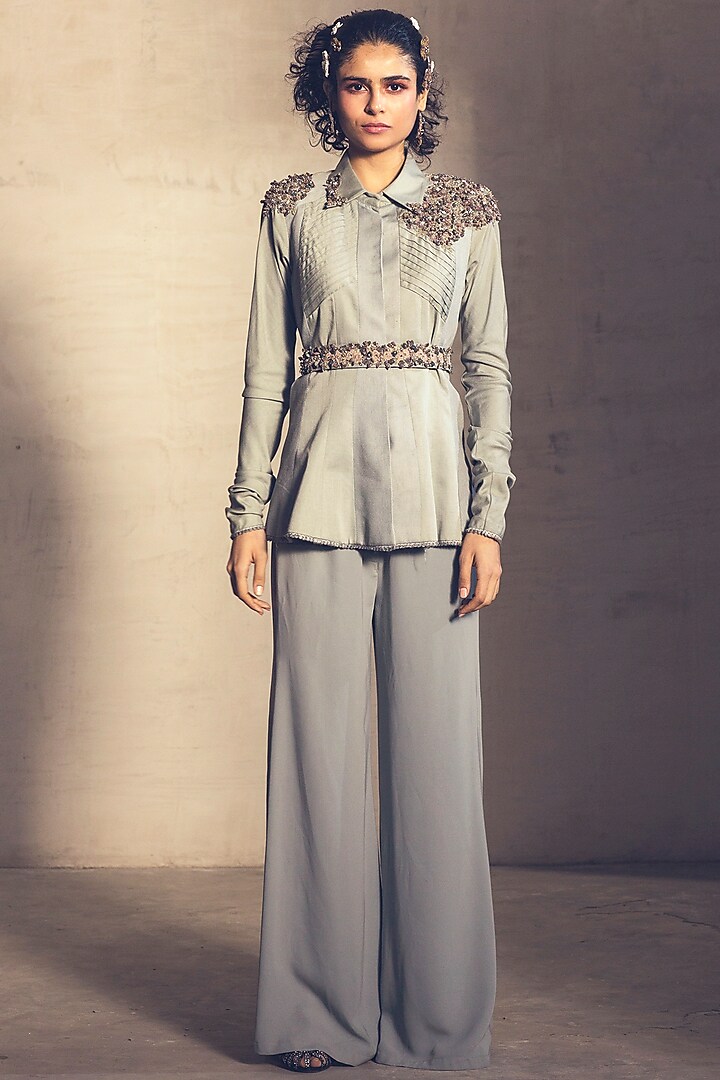 Pale Blue Embroidered Pant Set With Belt by Parul & Preyanka