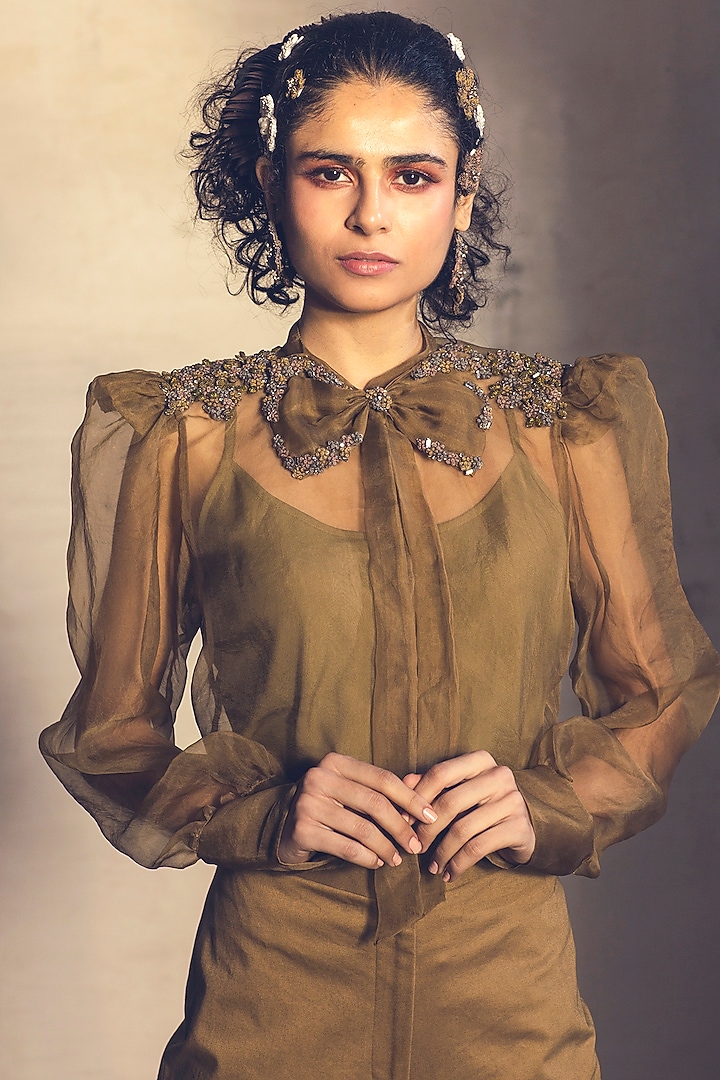 Mustard Embroidered Pant Set by Parul & Preyanka at Pernia's Pop Up Shop