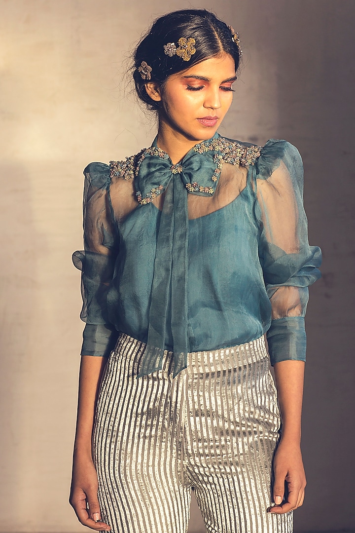 Teal Green Embroidered Shirt With Inner by Parul & Preyanka