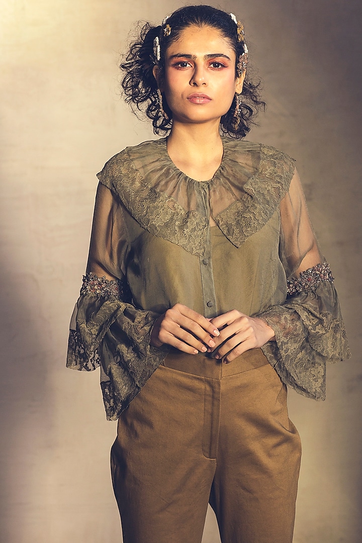 Mustard Green Embroidered Shirt With Inner by Parul & Preyanka