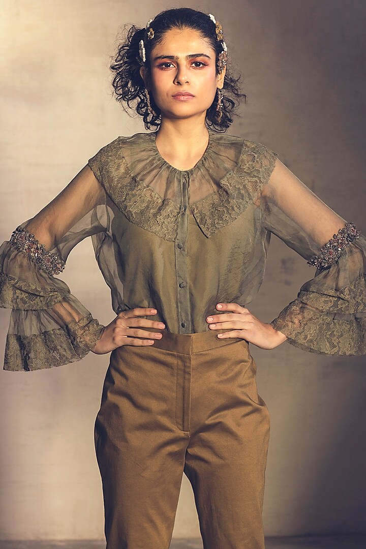 Mustard Green Embroidered Shirt With Inner by Parul & Preyanka at Pernia's Pop Up Shop
