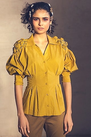 Mustard Yellow Embroidered Shirt by Parul & Preyanka