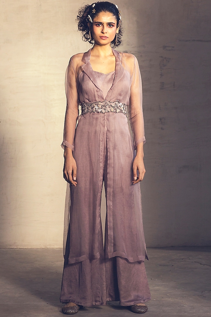 Lilac Purple Embroidered Jumpsuit With Trench Jacket & Belt by Parul & Preyanka