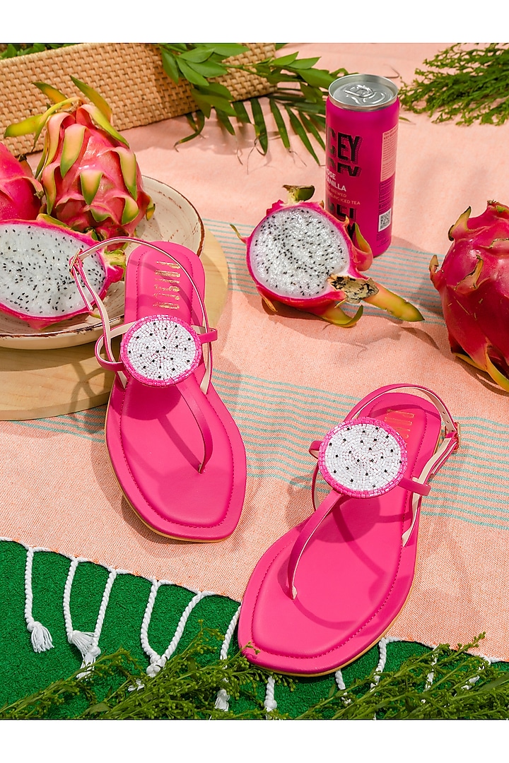 Pink Vegan Leather Hand Embroidered Flats by House of Prisca at Pernia's Pop Up Shop