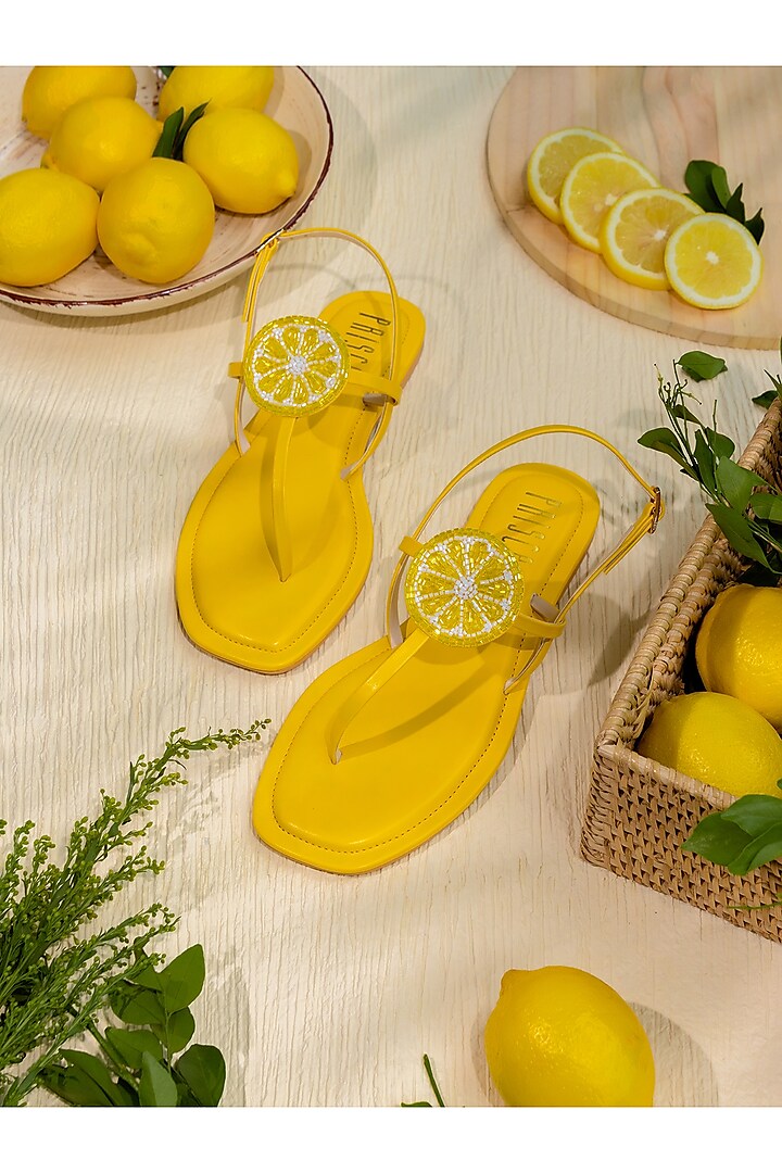 Yellow Vegan Leather Hand Embroidered Flats by House of Prisca at Pernia's Pop Up Shop