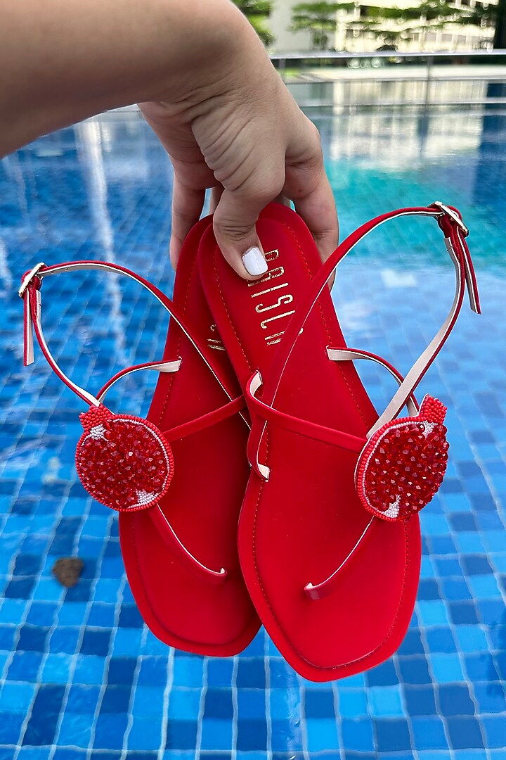 Red Vegan Leather Hand Embroidered Flats by House of Prisca at Pernia's Pop Up Shop