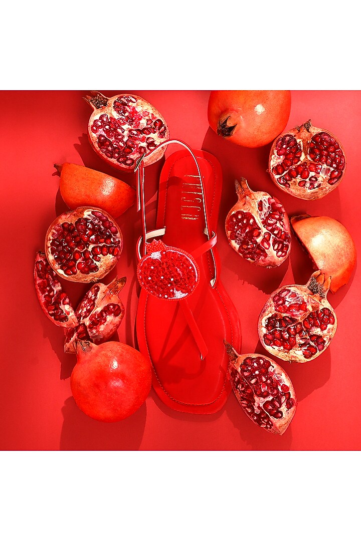 Red Vegan Leather Hand Embroidered Flats by House of Prisca at Pernia's Pop Up Shop