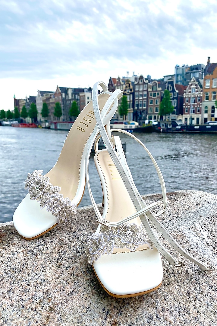 White Hand Embroidered Pencil Heels by House of Prisca