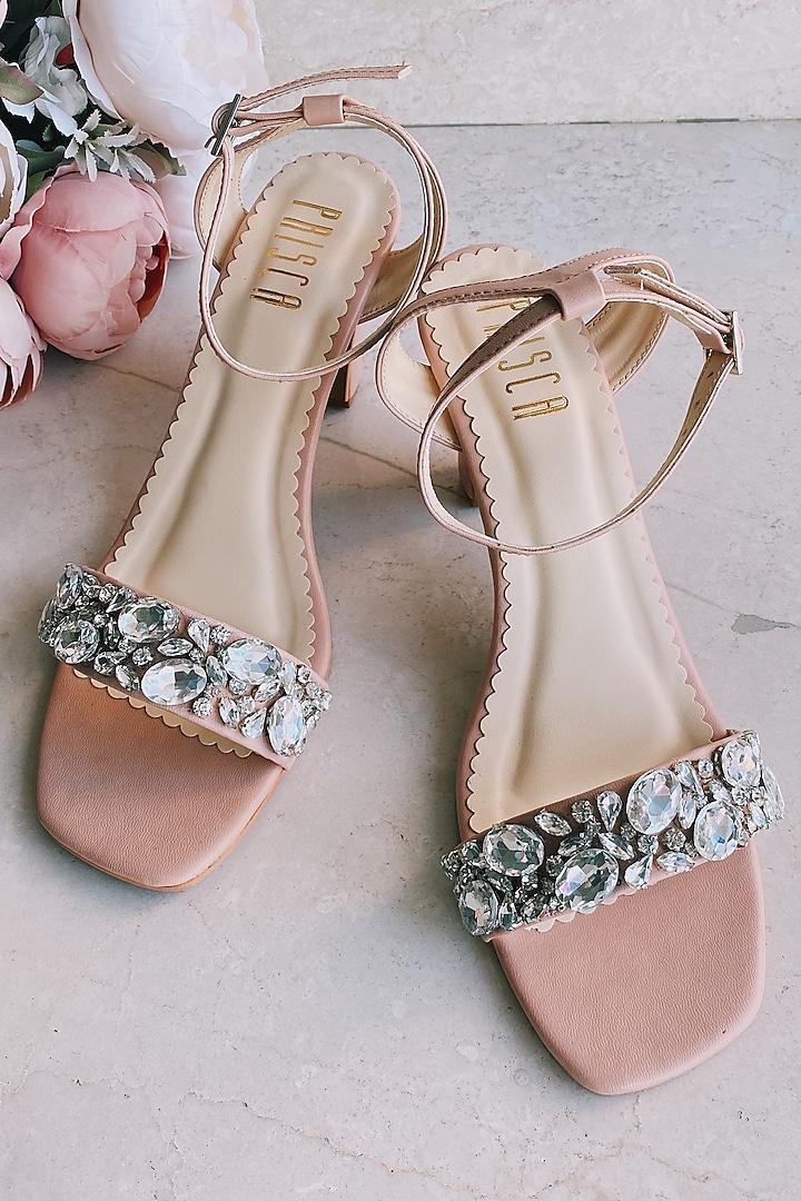Nude Hand Embroidered Block Heels by House of Prisca