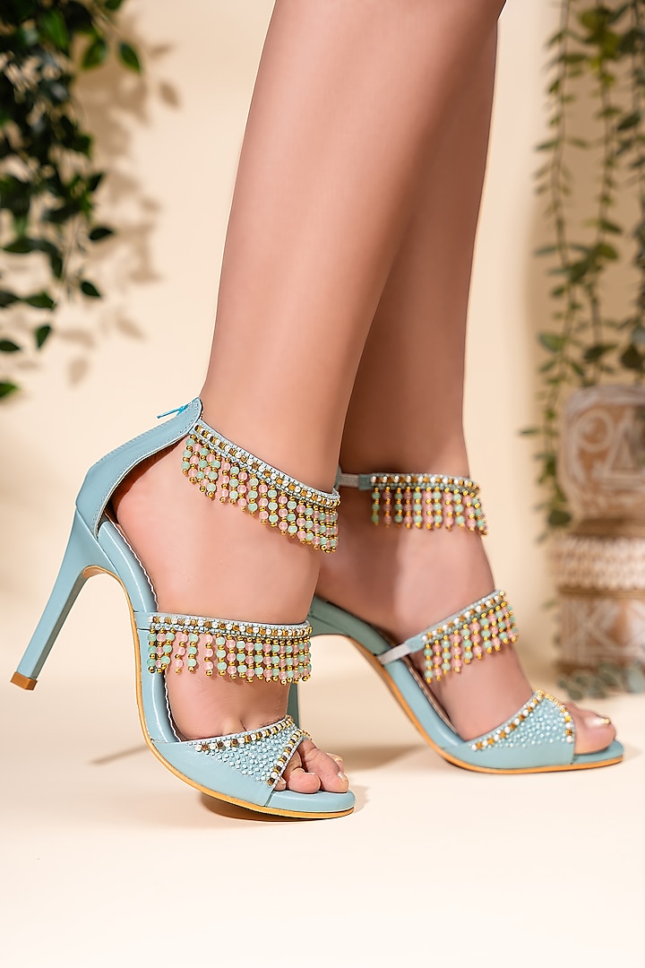 Blue Vegan Leather Beaded Tassel Heels by House of Prisca at Pernia's Pop Up Shop