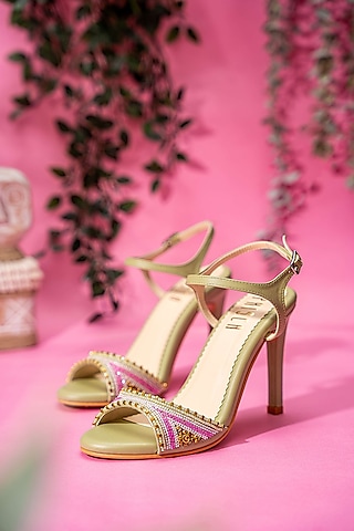 Green Vegan Leather Bead Work Heels by House of Prisca
