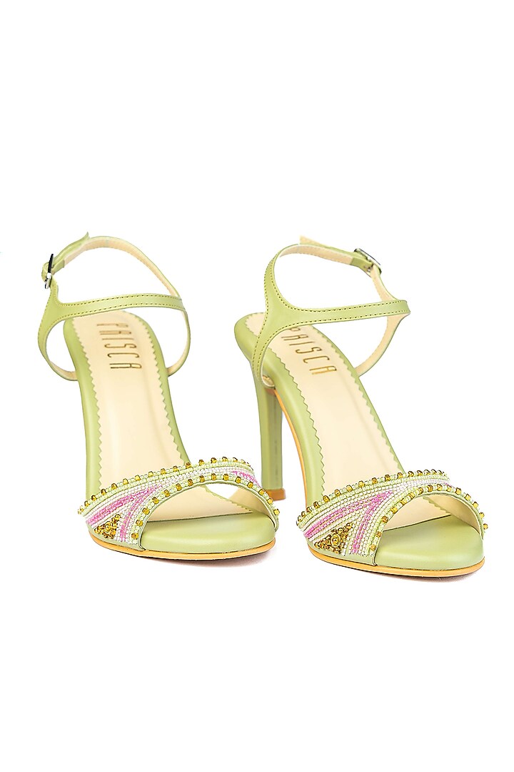 Green Vegan Leather Bead Work Heels by House of Prisca at Pernia's Pop Up Shop