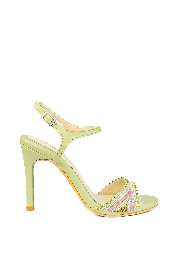 Green Vegan Leather Bead Work Heels by House of Prisca at Pernia's Pop Up Shop