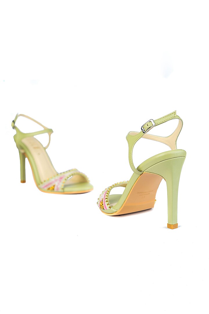 Green Vegan Leather Bead Work Heels by House of Prisca at Pernia's Pop Up Shop