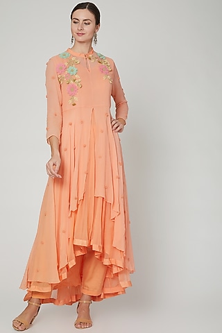 Peach Embroidered Anarkali Set by PREETI JHAWAR