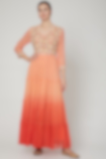 Orange Embroidered Tiered Gown by PREETI JHAWAR