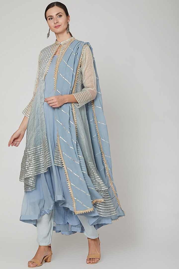 Blue Ombre Embroidered Anarkali Set by PREETI JHAWAR