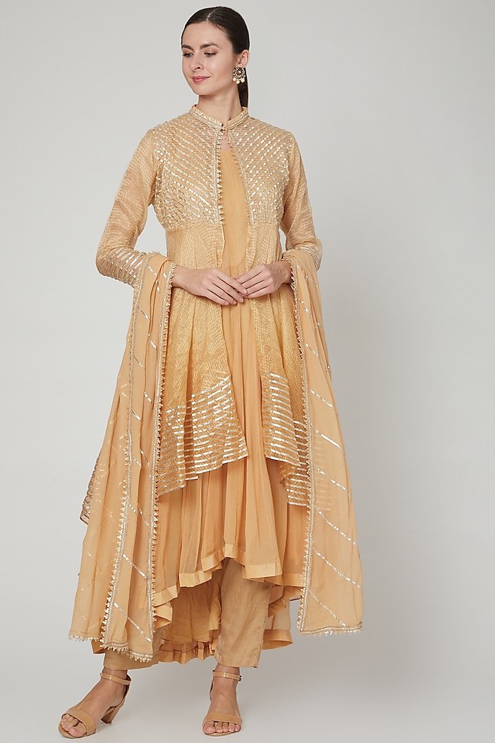 Beige Ombre Embroidered Anarkali Set by PREETI JHAWAR