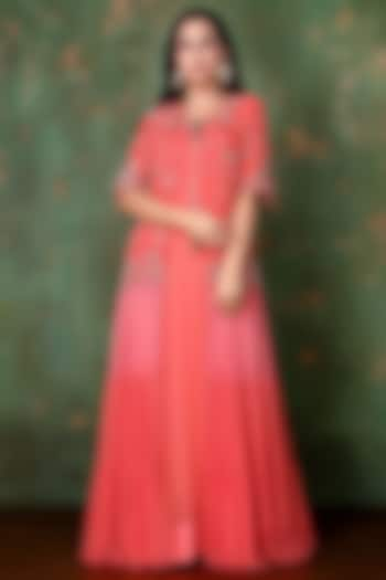 Hot Coral Chiffon Gown With Jacket by PREETI JHAWAR