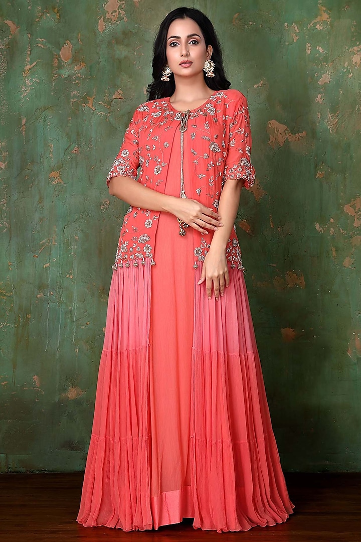 Hot Coral Chiffon Gown With Jacket by PREETI JHAWAR