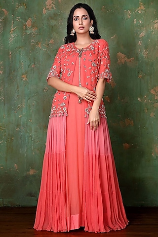 Hot Coral Chiffon Gown With Jacket by PREETI JHAWAR