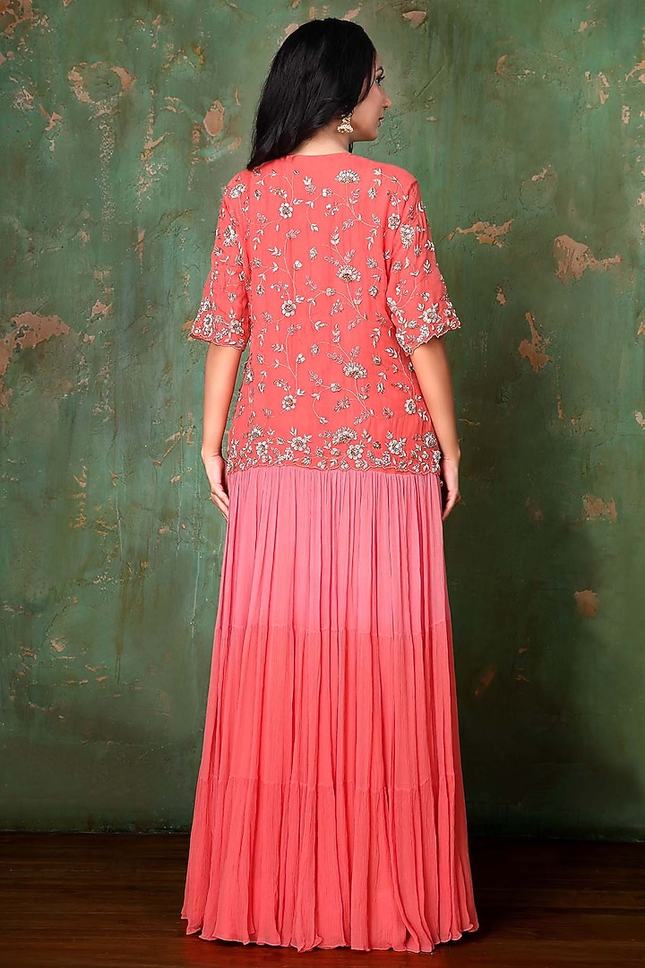 Hot Coral Chiffon Engagement Gown With Jacket by PREETI JHAWAR at Pernia's Pop Up Shop