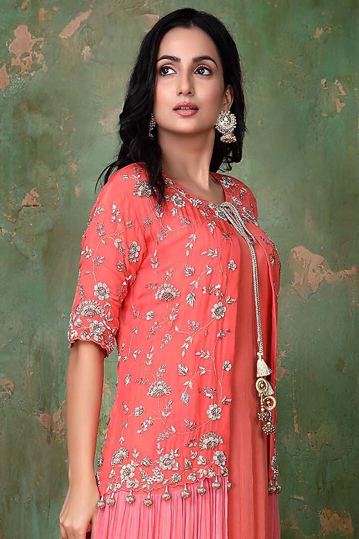 Hot Coral Chiffon Engagement Gown With Jacket by PREETI JHAWAR at Pernia's Pop Up Shop