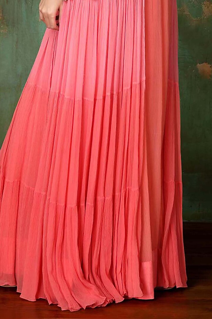 Hot Coral Chiffon Engagement Gown With Jacket by PREETI JHAWAR at Pernia's Pop Up Shop