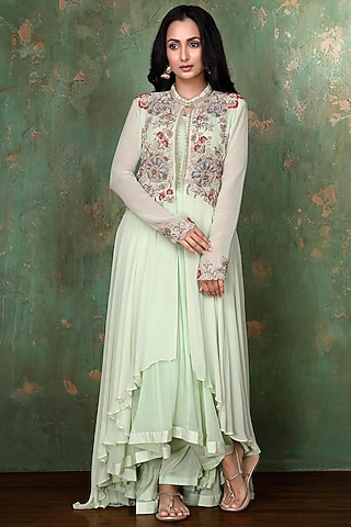 Mint Green Chiffon Anarkali Set by PREETI JHAWAR