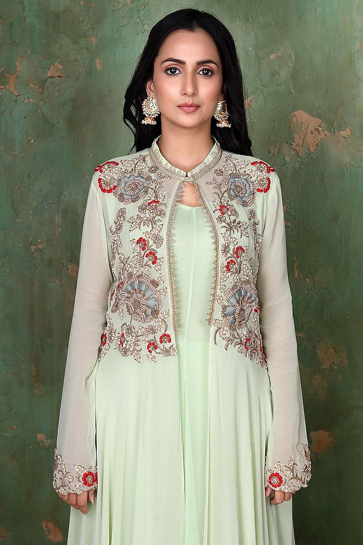 Mint Green Chiffon Wedding Anarkali Set by PREETI JHAWAR at Pernia's Pop Up Shop