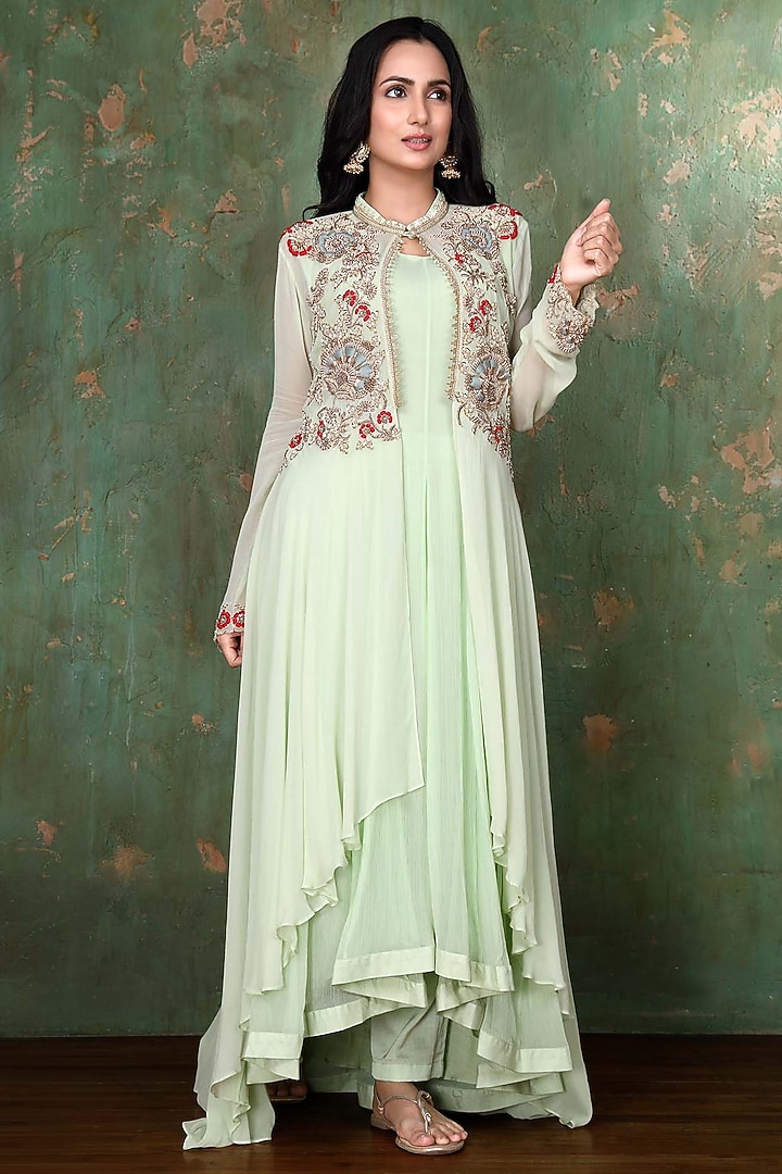 Mint Green Chiffon Wedding Anarkali Set by PREETI JHAWAR at Pernia's Pop Up Shop