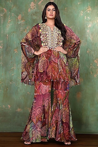 Multi-Colored Chiffon Printed & Thread Work Sharara Set by PREETI JHAWAR