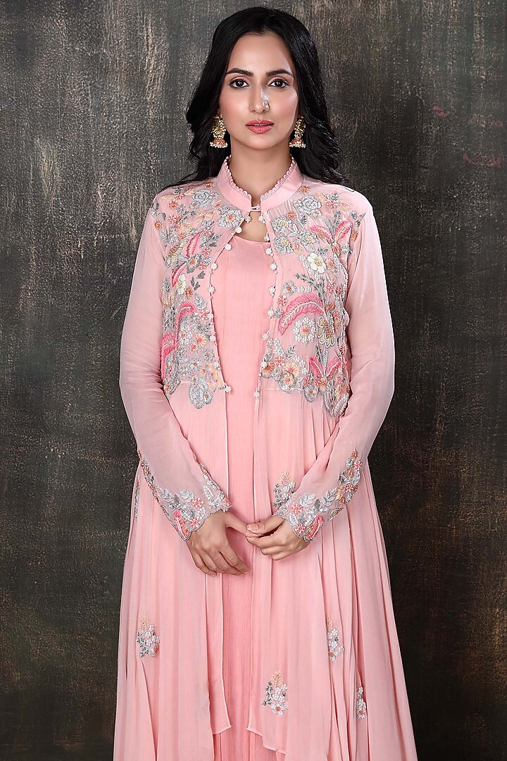 Blush Pink Georgette Jacket Set by PREETI JHAWAR at Pernia's Pop Up Shop