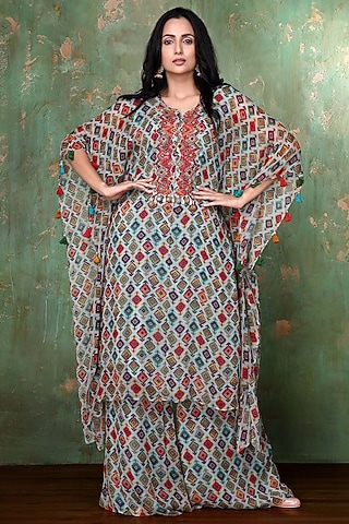 Powder Blue Digital Printed Kaftan Set by PREETI JHAWAR