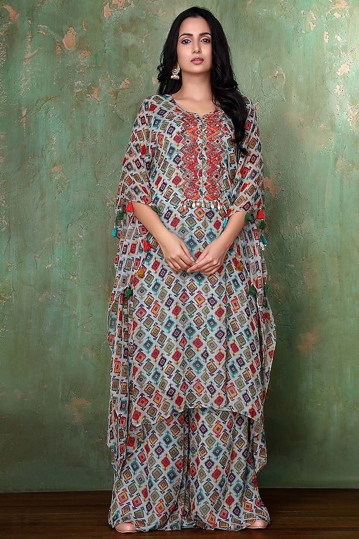 Powder Blue Digital Printed Kaftan Set by PREETI JHAWAR at Pernia's Pop Up Shop