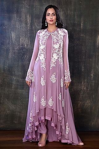 Lilac Georgette Jacket Set by PREETI JHAWAR