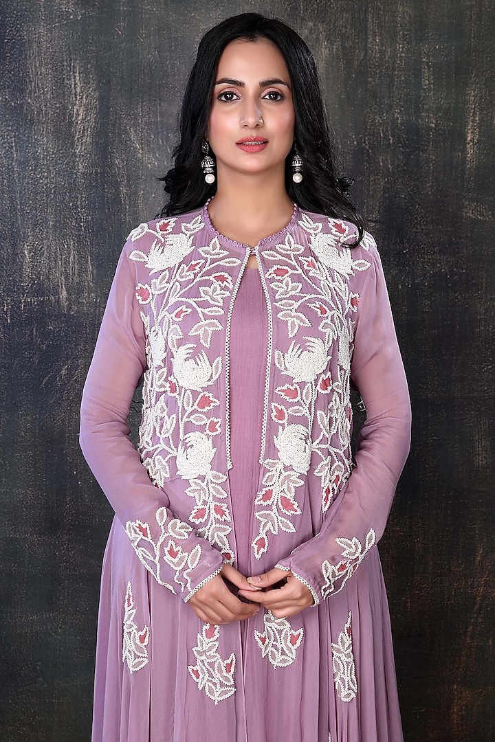 Lilac Georgette Jacket Set by PREETI JHAWAR at Pernia's Pop Up Shop