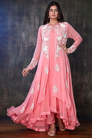 Light Coral Georgette Jacket Set by PREETI JHAWAR