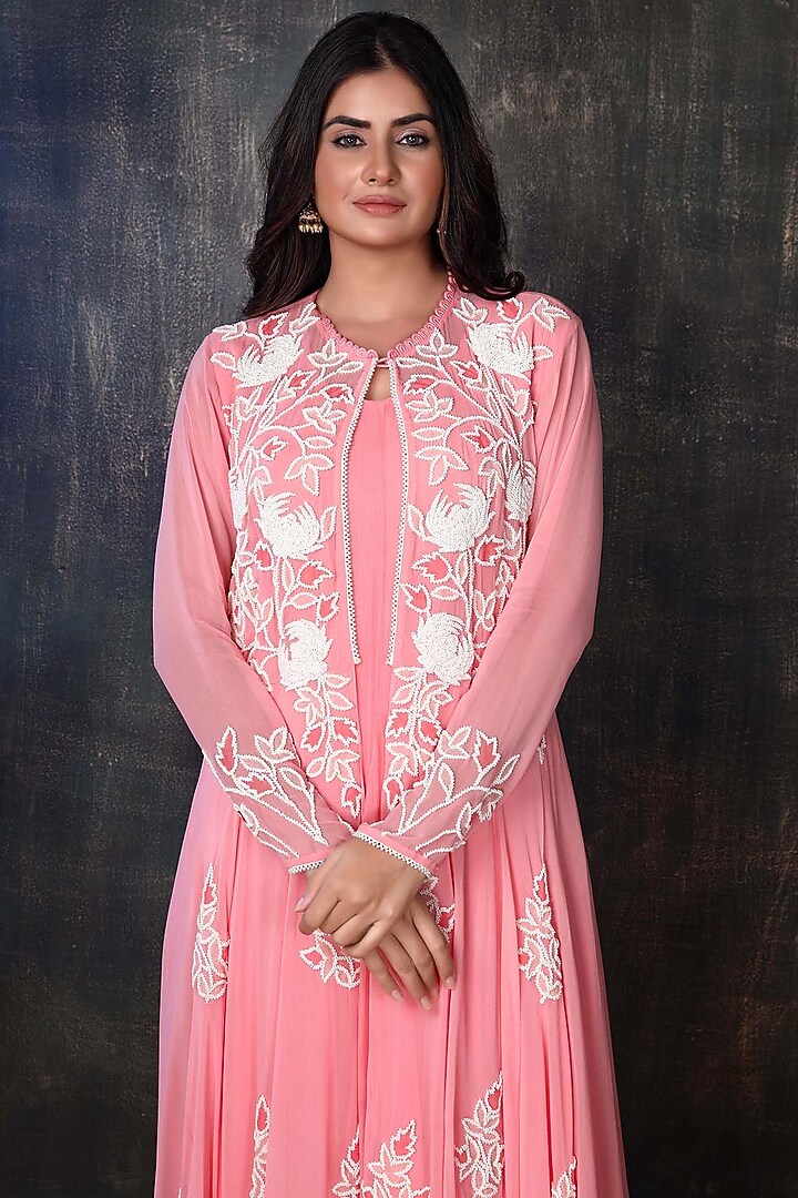 Light Coral Georgette Jacket Set by PREETI JHAWAR at Pernia's Pop Up Shop