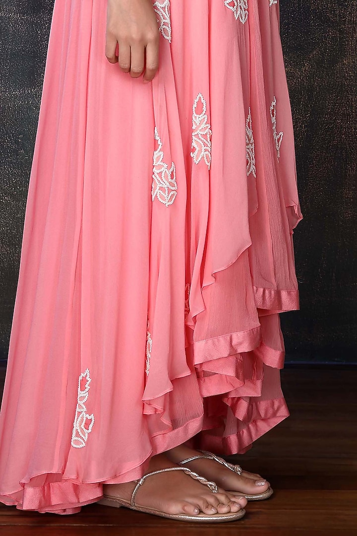 Light Coral Georgette Jacket Set by PREETI JHAWAR at Pernia's Pop Up Shop