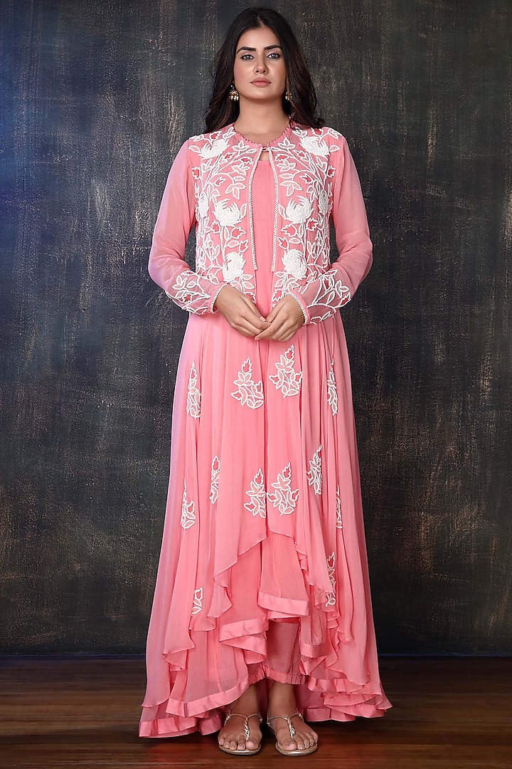 Light Coral Georgette Jacket Set by PREETI JHAWAR at Pernia's Pop Up Shop
