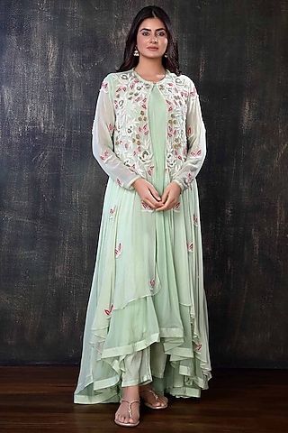 Mint Green Chiffon Anarkali Set by PREETI JHAWAR