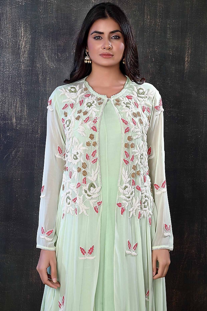 Mint Green Chiffon Wedding Anarkali Set by PREETI JHAWAR at Pernia's Pop Up Shop