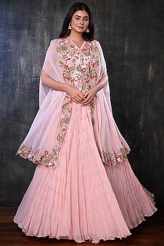 Blush Pink Organza Jacket Lehenga Set by PREETI JHAWAR