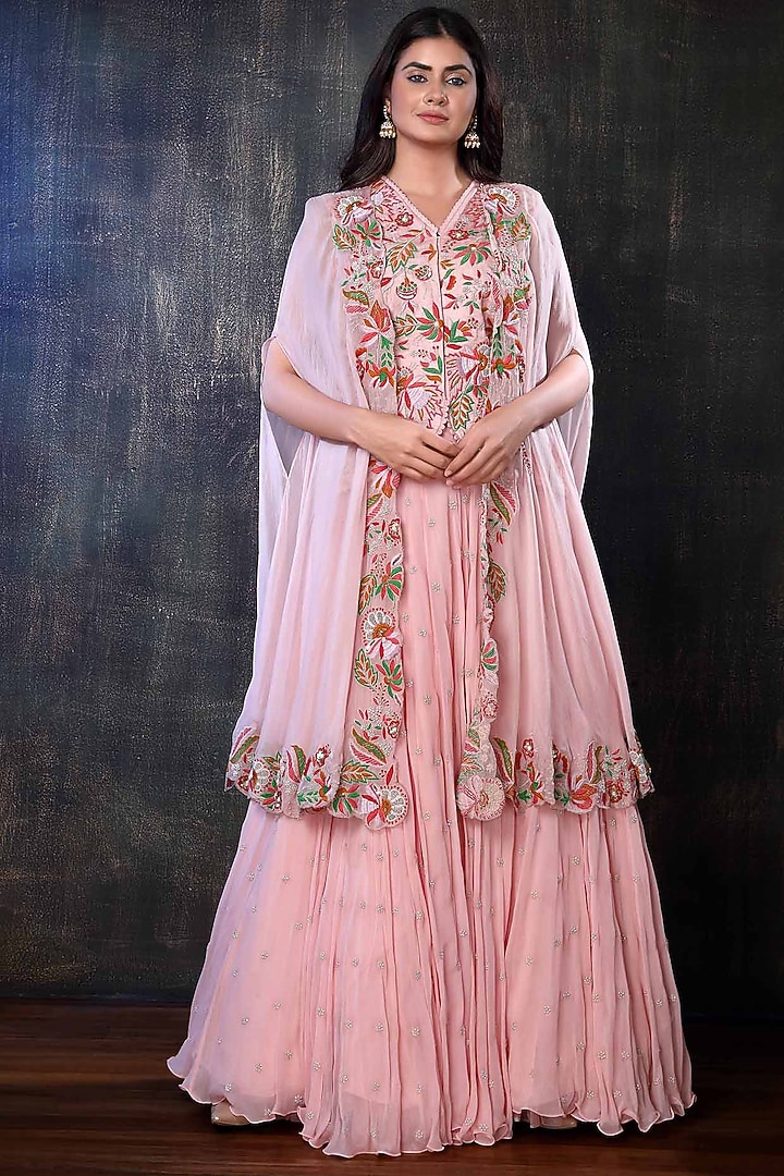 Blush Pink Organza Jacket Wedding Lehenga Set by PREETI JHAWAR at Pernia's Pop Up Shop
