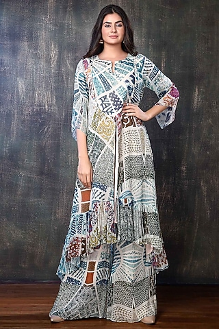 Multi-Colored Chiffon Printed Kurta Set by PREETI JHAWAR