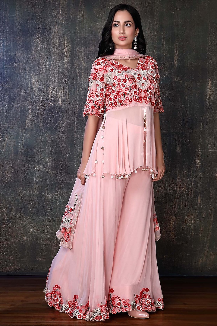 Blush Pink Georgette Palazzo Set by PREETI JHAWAR at Pernia's Pop Up Shop
