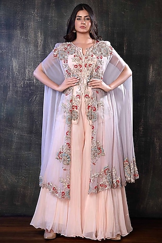 Peach Embroidered Cape Set by PREETI JHAWAR