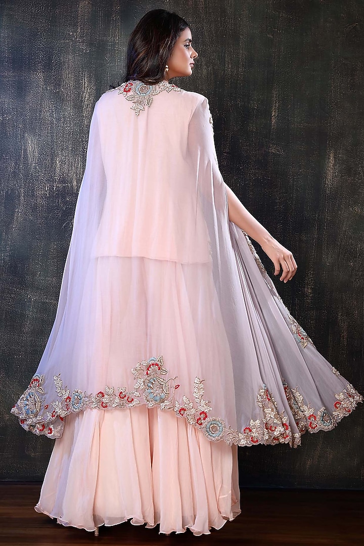 Peach Embroidered Cape Set by PREETI JHAWAR at Pernia's Pop Up Shop