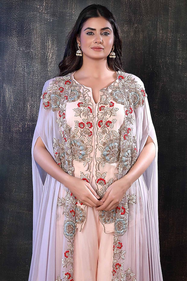 Peach Embroidered Cape Set by PREETI JHAWAR at Pernia's Pop Up Shop